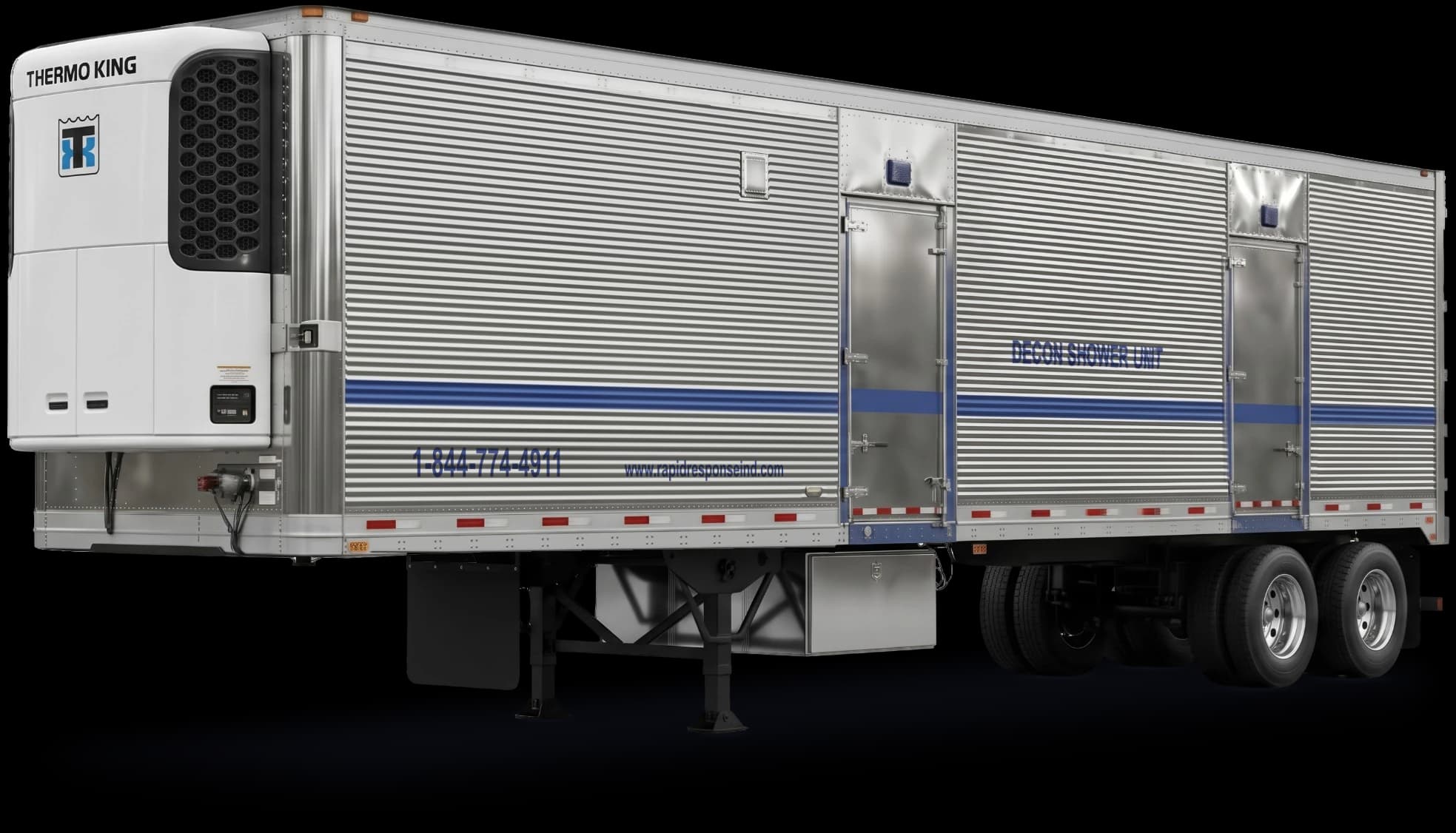 Aluminum-sided decontamination shower trailer with a refrigeration unit at the front, marked DECON SHOWER UNIT and carrying the company phone number and website.